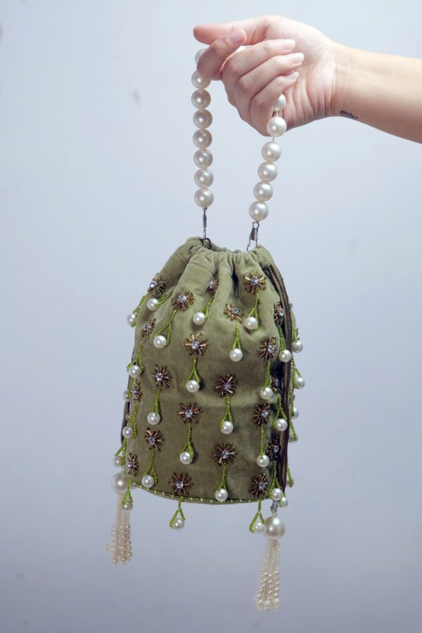 Olive Green Embellished Velvet Potli Bag - Image 2