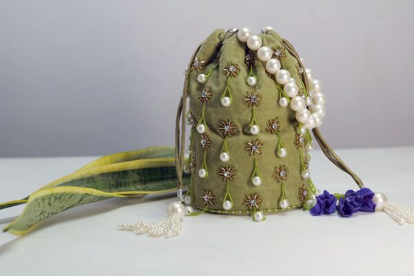 Olive Green Embellished Velvet Potli Bag - Image 3