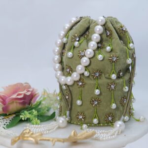 Olive Green Embellished Velvet Potli Bag