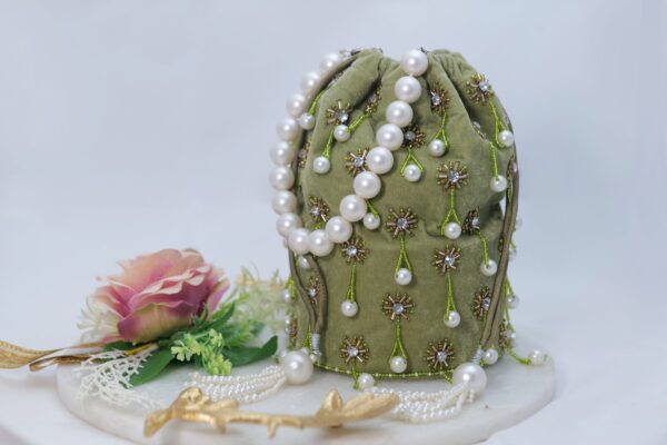 Olive Green Embellished Velvet Potli Bag
