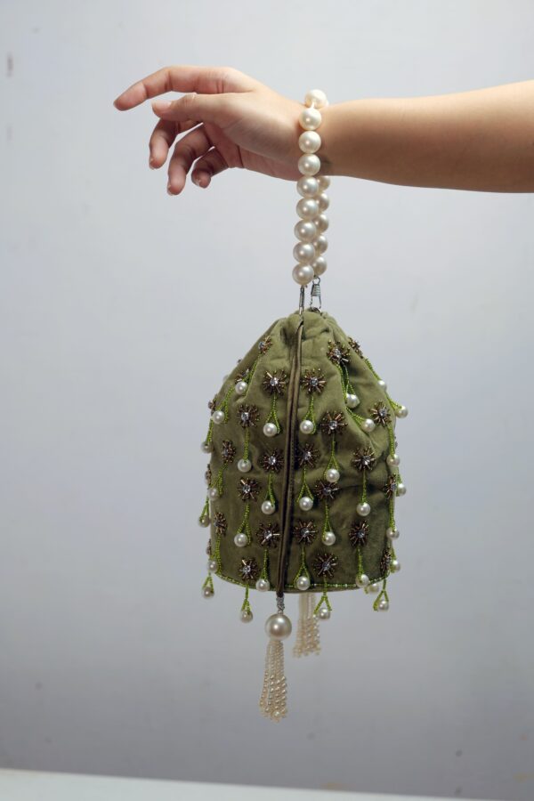 Olive Green Embellished Velvet Potli Bag - Image 4