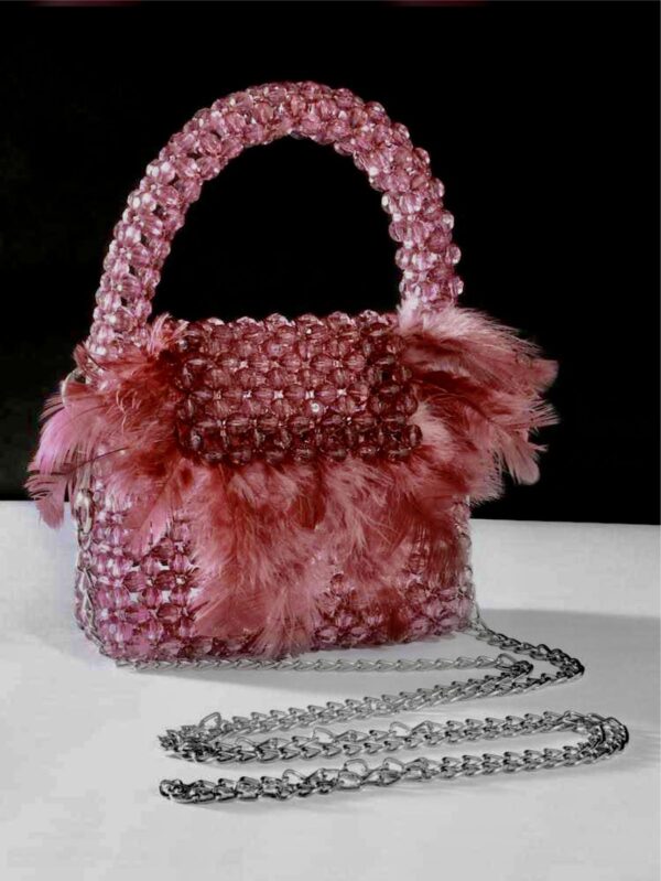 Red Feather-trimmed beaded tote bag