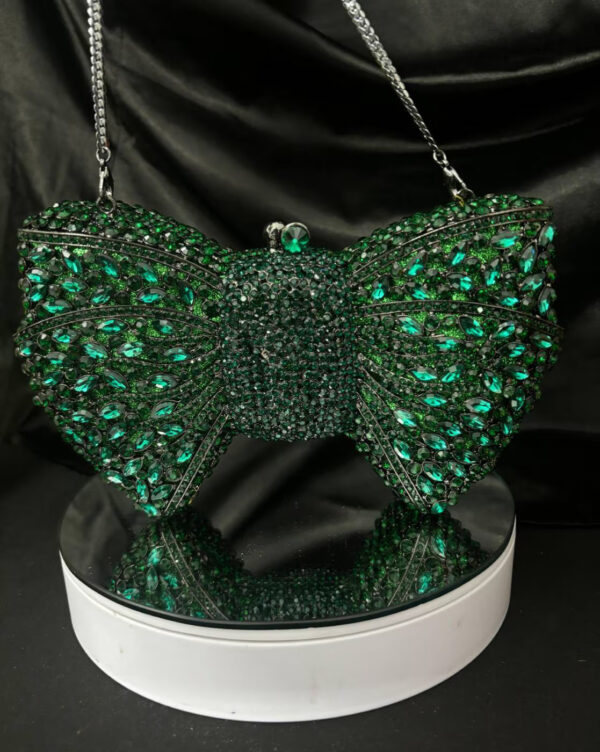 Green Bow Shaped Sparkly Crystal Clutch Purse - Image 3