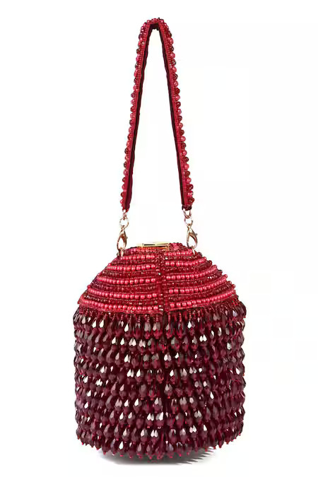 Maroon Crystals, Beads Embellished Bucket Bag