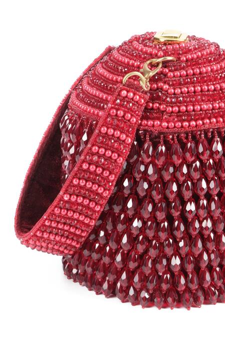 Maroon Crystals, Beads Embellished Bucket Bag - Image 2