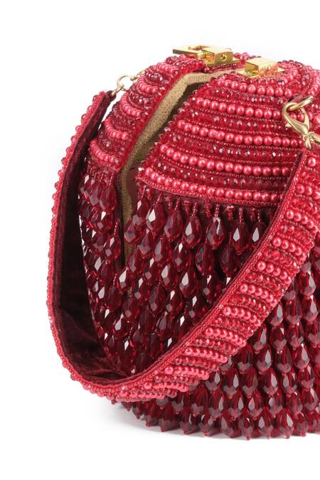 Maroon Crystals, Beads Embellished Bucket Bag - Image 3