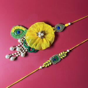Bhaiya Bhabhi Yellow flower Assorted Rakhi Set (Male Rakhi, Female Rakhi, Roli & Rice Basket)