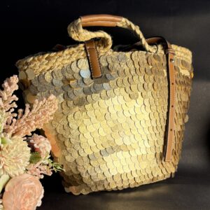 Women Gold Sequin Straw Tote Bag
