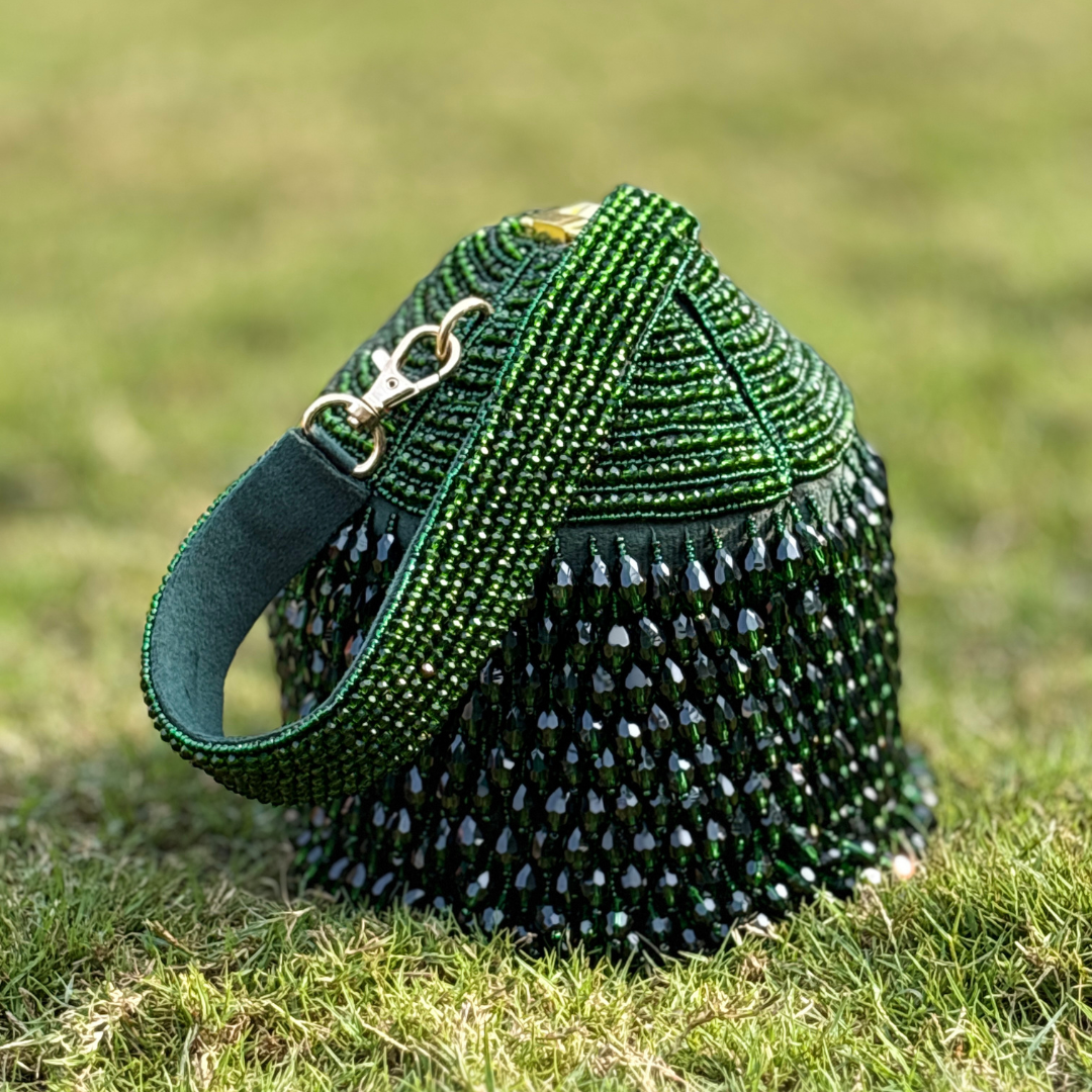 Green Crystals, Chains Metallic Embellished Bucket Bag - Image 4