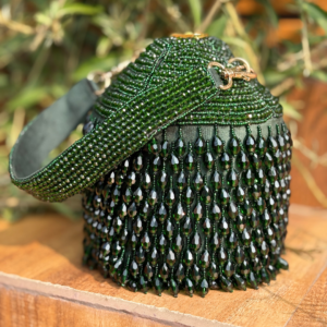 Green Crystals, Chains Metallic Embellished Bucket Bag