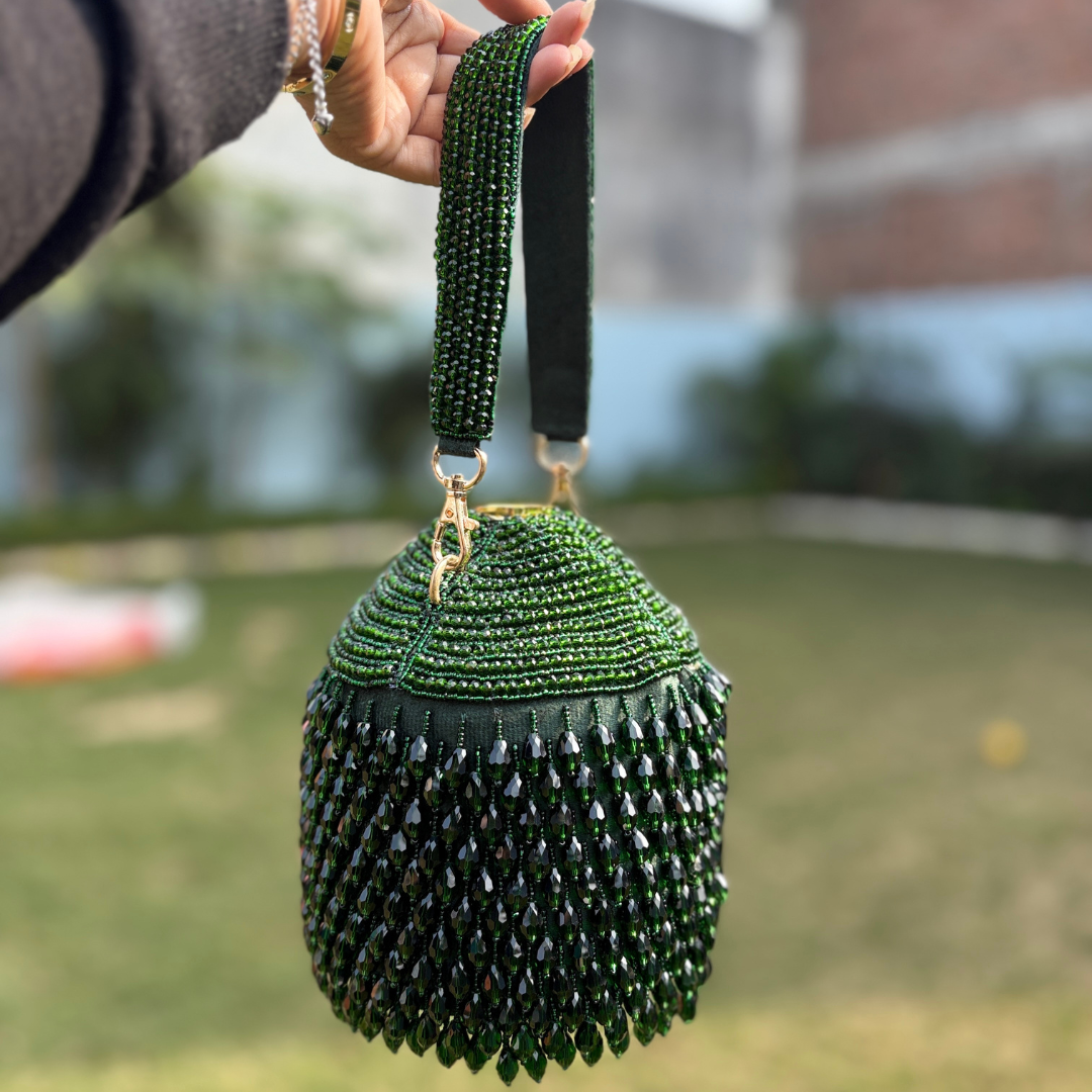 Green Crystals, Chains Metallic Embellished Bucket Bag - Image 3