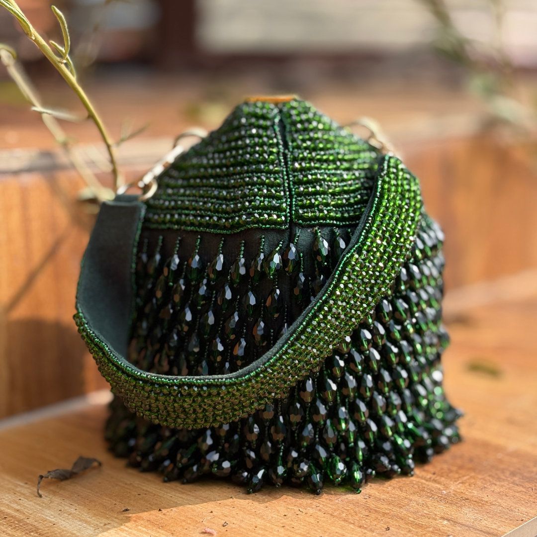 Green Crystals, Chains Metallic Embellished Bucket Bag - Image 2