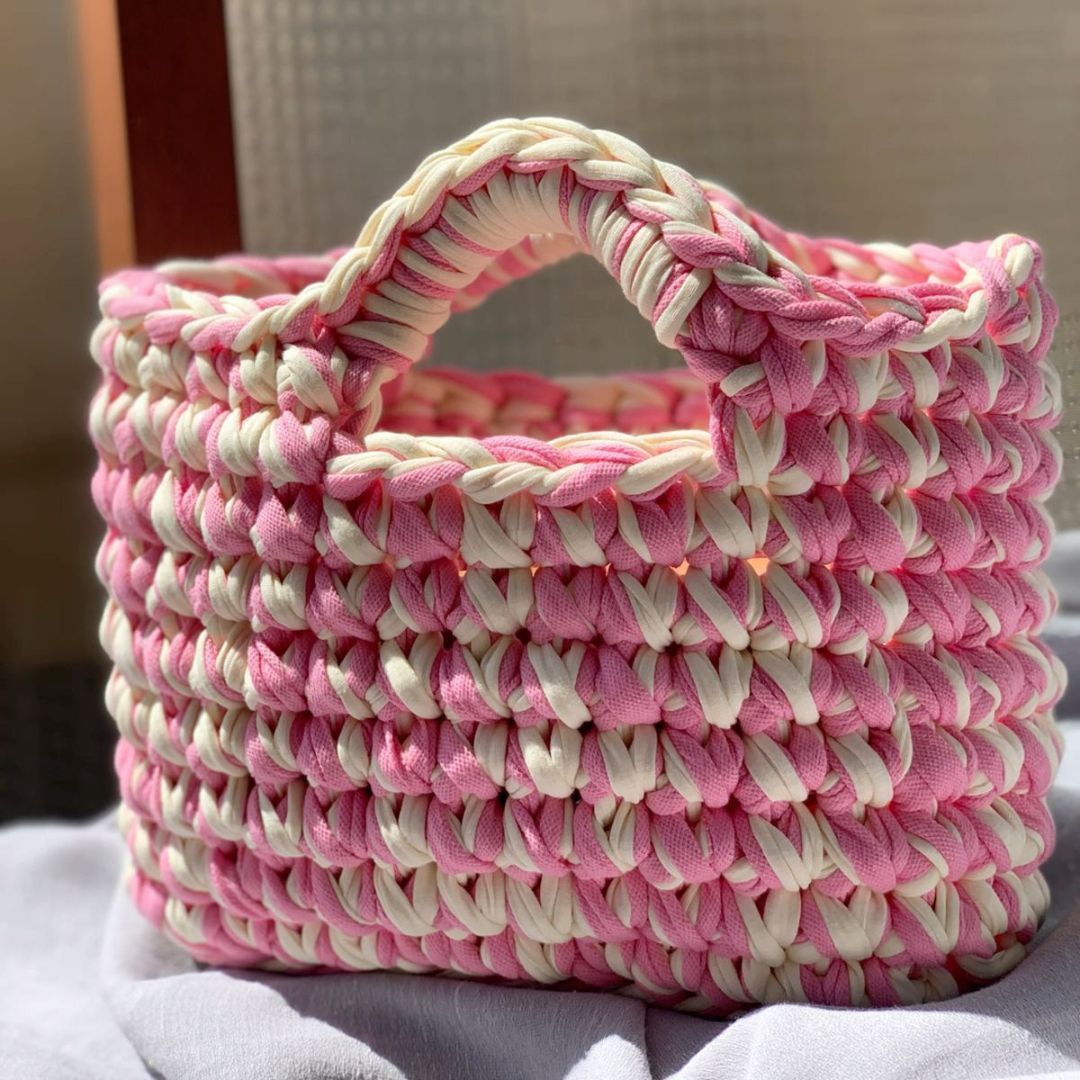 Handmade Crochet Tote Bag – Pink & White Handbag for Women